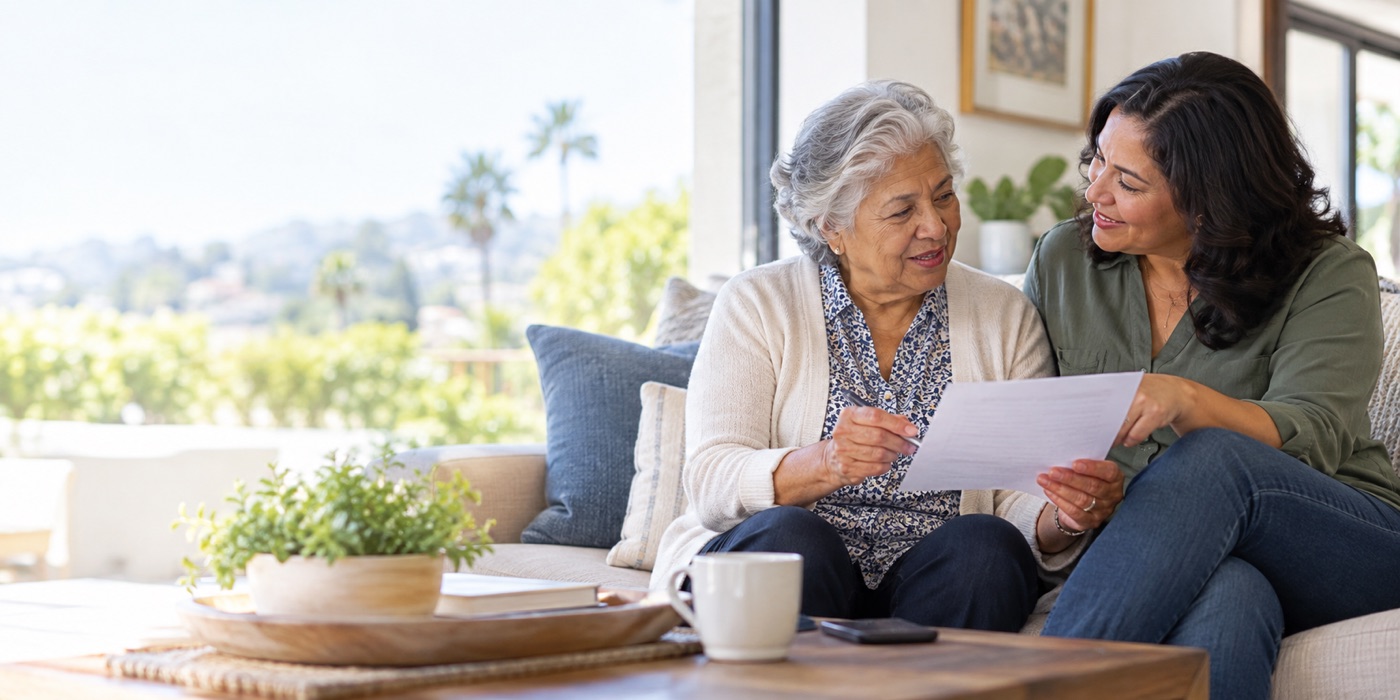 Mother and adult daughter preparing together for a primary-care visit