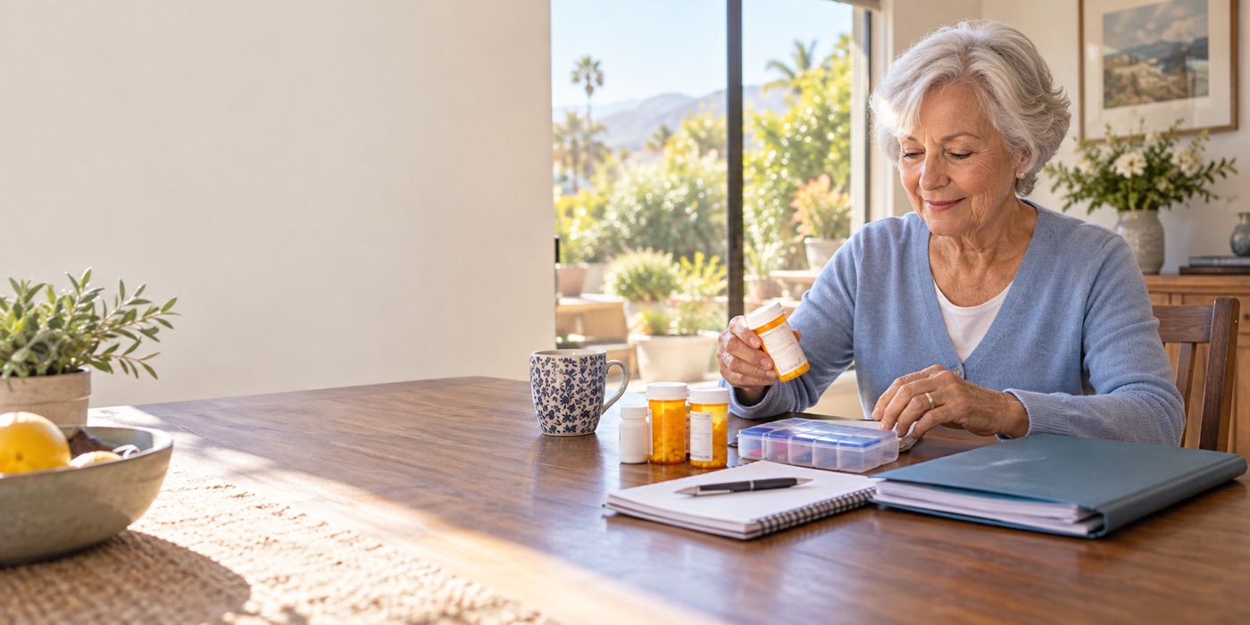 Older adult organizing medications and records before changing doctors