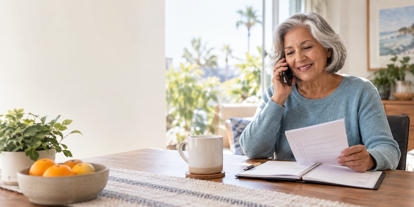 Older adult receiving a helpful telephone follow-up at home